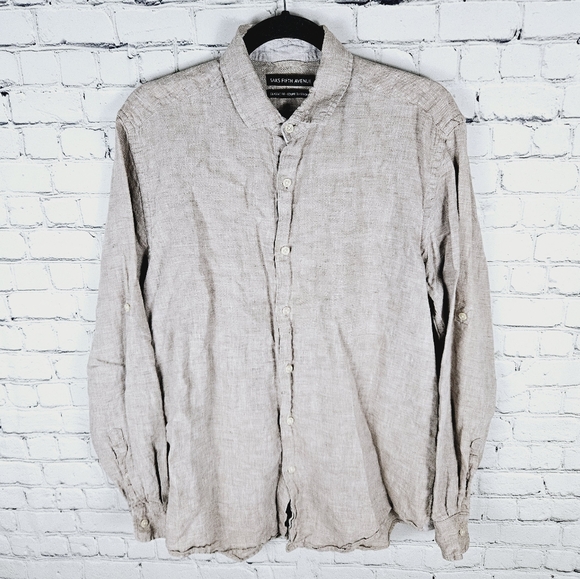SAKS FIFTH AVENUE | 100% linen flip cuff collared button up classic fit shirt - Picture 1 of 8